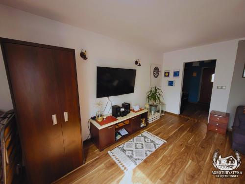 a living room with a television and a wooden floor at Agroturystyka na Jęczmiennej - całe mieszkanie, 2 tarasy in Brodnica