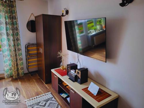a living room with a tv on a wall at Agroturystyka na Jęczmiennej - całe mieszkanie, 2 tarasy in Brodnica