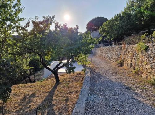 a tree on a gravel road next to a stone wall at Stone House Bay View - Kaštel Lukšić in Kaštela
