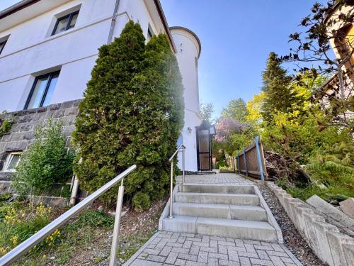 a stairway leading up to a building with a bush at Ferienwohnung Hubertus in Blankenstein
