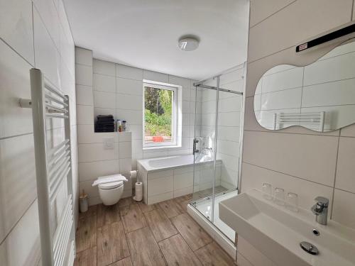 a white bathroom with a toilet and a sink at Ferienwohnung Hubertus in Blankenstein