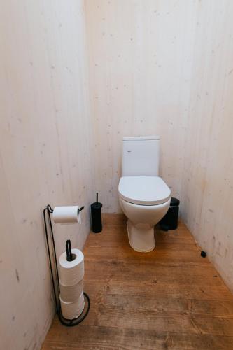 a bathroom with a white toilet in a room at TRESKI Ö-majakesed in Treski
