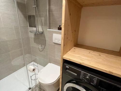La salle de bains est pourvue de toilettes, d'une douche et d'un lave-linge. dans l'établissement Appartement rénové 3* avec balcon et Wifi, proche pistes, idéal famille - FR-1-598-110, aux Gets