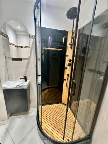 a shower stall in a bathroom with a sink at Pensjonat na Brackiej in Nysa