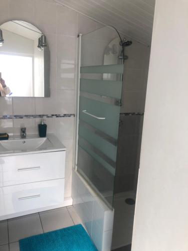 une salle de bain avec douche et lavabo dans l'établissement maison de pêcheur face à la plage du plan d'eau, à LʼAiguillon-sur-Mer