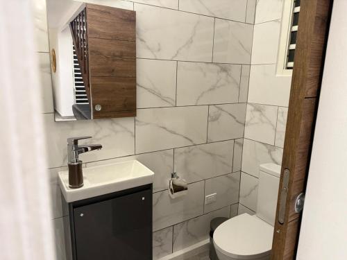 um banheiro com pia e vaso sanitário em Beach Retreat on Front Street em Philipsburg