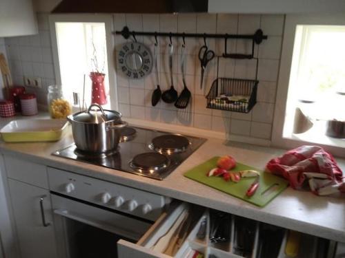 NorderfriedrichskoogReetdachhaus Für Erholsamen Familienurlaub的厨房柜台配有炉灶和切断板