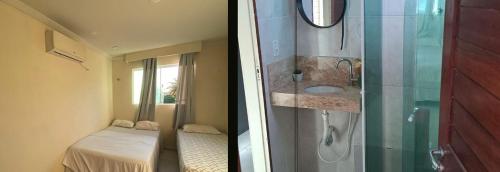two pictures of a bathroom with a shower and a bedroom at Pipa Hostel in Pipa