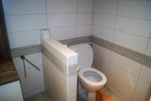 a bathroom with a toilet with a toilet paper dispenser at Ferienwohnung In Der Nähe Von Wien in Sankt Andrä vor dem Hagenthale