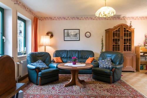 a living room with a couch and two chairs and a table at Löwenzahn in Zehdenick