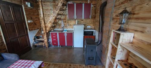 a kitchen with a refrigerator and a stove in a cabin at Vajat 2 - Zlatarsko jezero in Goronjići