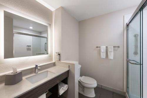 a bathroom with a sink and a toilet and a mirror at Holiday Inn Express & Suites Boynton Beach West by IHG in Boynton Beach