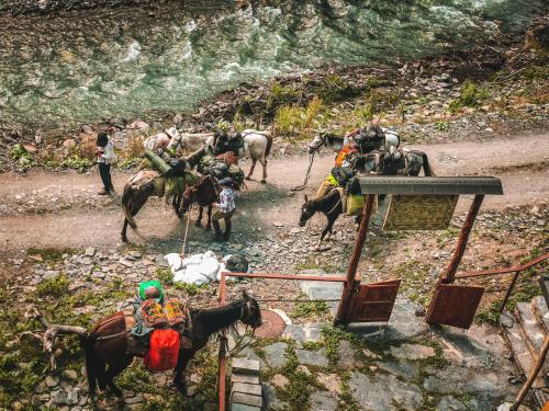 a group of people riding horses on a dirt road at Hotel Front Castle in Shatili