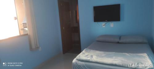 a blue room with a bed and a flat screen tv at casa do tidi in Rondônia