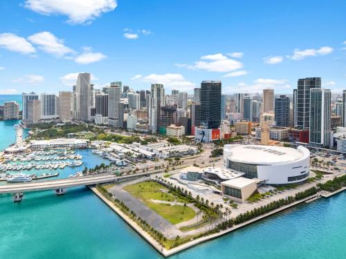 an aerial view of a city with a marina at Penthouse Infinity heated pool and jacuzzi in Miami