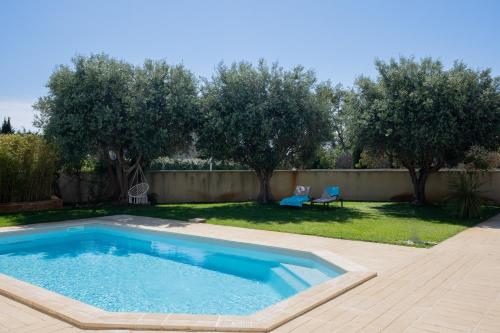 アルルにあるLe domaine de Mika & Ninaの木の植わる庭のスイミングプール