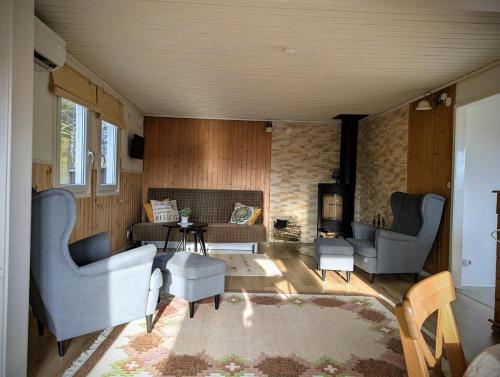 a living room with two chairs and a fireplace at Cabin outside Sösdala in Sösdala