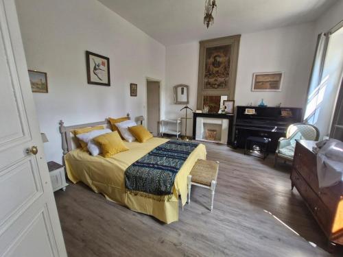 a bedroom with a king sized bed and a fireplace at Les Demeures du Parc, la Bourbonnaise, proche des Thermes in Bourbon-lʼArchambault