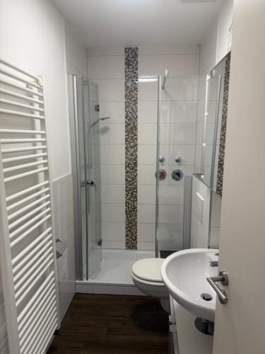 a bathroom with a shower and a toilet and a sink at Über den Dächern von Werne - Balkon, WLAN, TV und Küche - Möller in Werne an der Lippe
