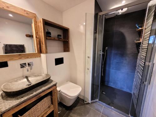 une salle de bain avec une douche, un lavabo et des toilettes dans l'établissement Résidence Grand Theatre - Appartement duplex d'exception, belle exposition, au calme MAE-0881, aux Gets