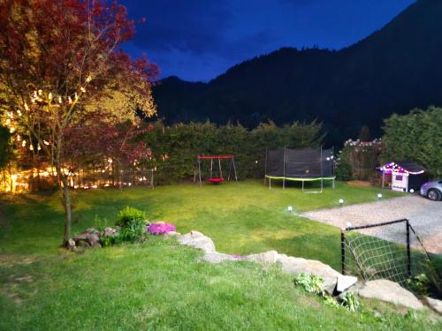 a yard with a playground in the grass at night at Kamila in Szczawnica
