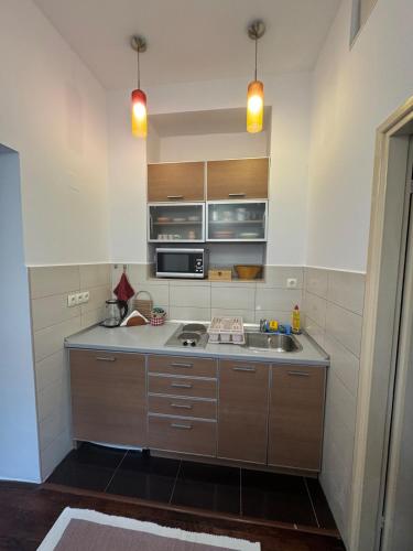 a kitchen with a sink and a microwave at Studio Sparky in Mostar