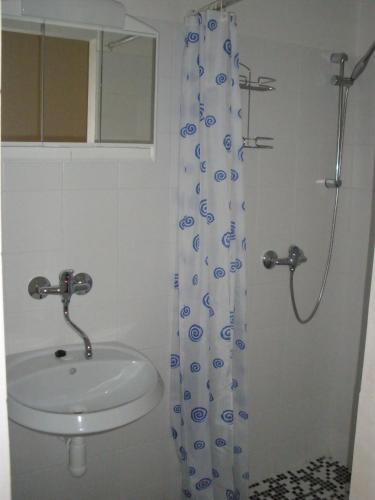a bathroom with a sink and a shower curtain at Holiday House on the hill in Nedvědice