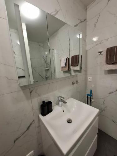 a white bathroom with a sink and a mirror at Vila Ema Apartments and Rooms in Ljubljana