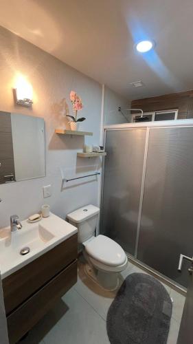 a bathroom with a toilet and a shower and a sink at Blue Mazatlán in Mazatlán