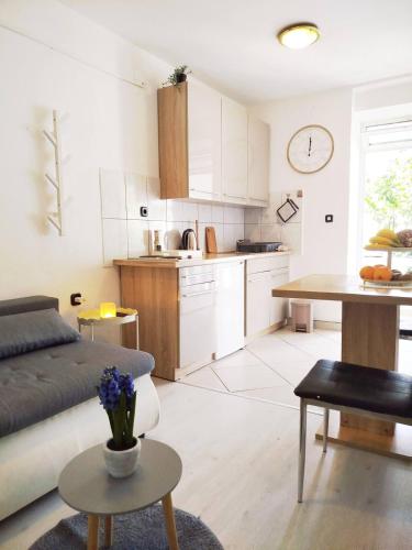 a kitchen and living room with a couch and a table at Apartmani Ruža in Zaton