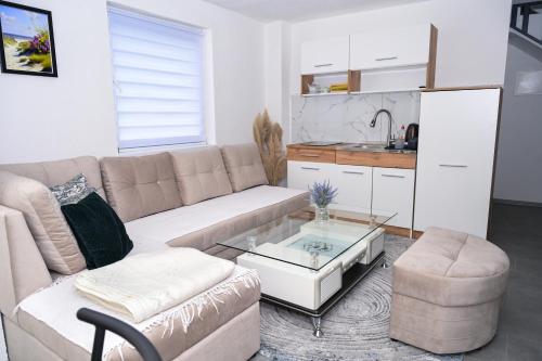 a living room with a couch and a coffee table at Ćato s cottage in Bravnice