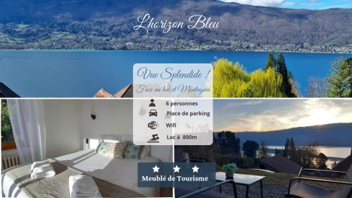 a collage of photos of a house with a sign at L'Horizon Bleu, Splendide vue sur le Lac Annecy, à 3mn du Lac in Veyrier-du-Lac
