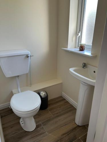 a white bathroom with a toilet and a sink at Fab location for exploring Clare in Ennis