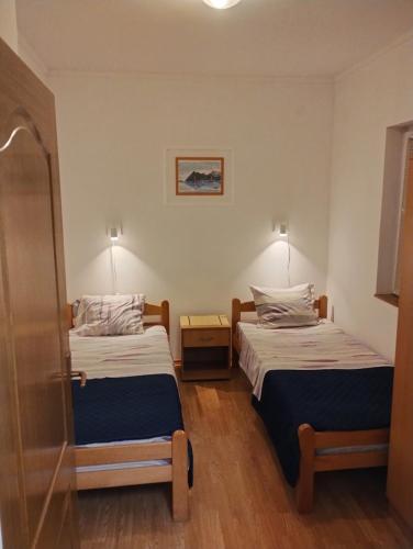 a room with two beds and a mirror at Apartment Bella Vista in Kravlja