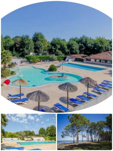 deux photos d'une piscine avec chaises et parasols dans l'établissement Charmant Mobilhome entre Lac&Océan et proche de la Vélodyssée, à Sainte-Eulalie-en-Born