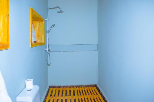 a shower in a bathroom with a blue wall at Akagera Park Inn in Akagera