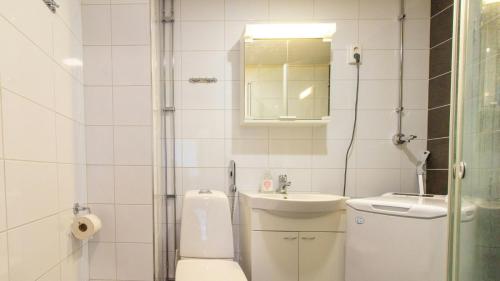 un bagno bianco con un water e un lavandino di Spacious Apartment for 3 a Riihimäki