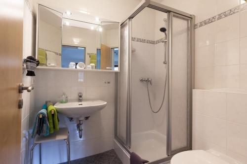 ein Badezimmer mit Dusche, Waschbecken und Toilette in der Unterkunft Haus Alexandra inkl MeineCard Plus in Willingen
