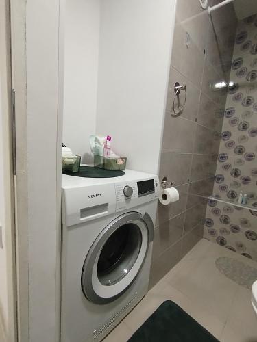 a washing machine in a bathroom with a shower at Studio Jovana Stan na dan Kikinda in Kikinda