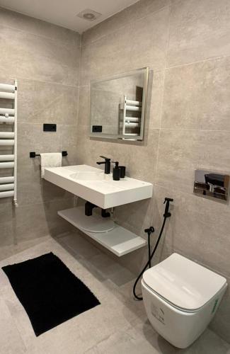 a bathroom with a sink and a toilet at Duplex trouville à 2 pas de la plage in Aïn El Turk