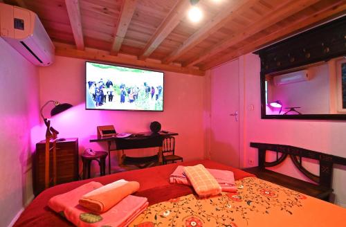 a bedroom with a bed and a tv on the wall at DUPLEX 5 chambres Clim WIFI SAUNA Cannes in Cannes