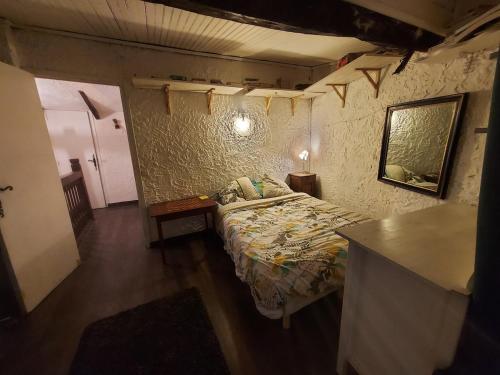 une petite chambre avec un lit et un miroir dans l'établissement Maison de Montagne chaleureuse, à Gréolières