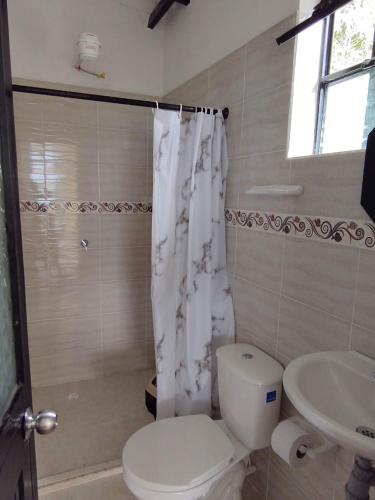 a bathroom with a toilet and a sink at CASALOMA in La Vega