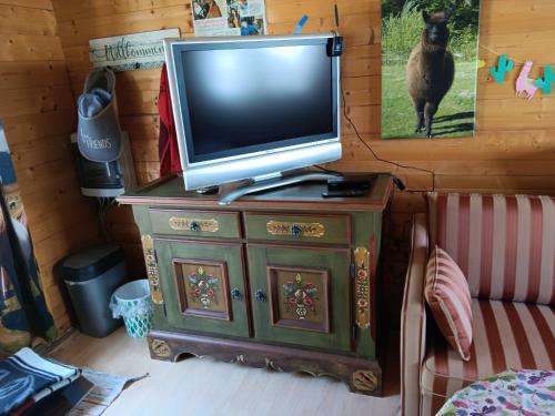a television on top of a dresser in a room at Sonnenscheinhof Alpakas, Alpaka Hütte in Lasbek