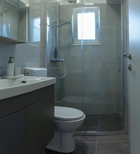 ein Badezimmer mit Dusche, Toilette und Waschbecken in der Unterkunft AnTina Apartment in Kaštel Stari