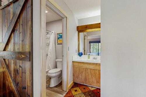 Un baño con inodoro, lavabo y espejo. en Loon Mountain Nest, en Lincoln