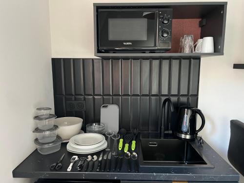 un comptoir de cuisine avec un micro-ondes et un évier dans l'établissement Chambre studio centre ville Dol de Bretagne, à Dol-de-Bretagne