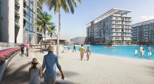 a rendering of people walking on the beach in a resort at Luxury 2 Bedroom plus kids room Burj Khalifa View in Dubai