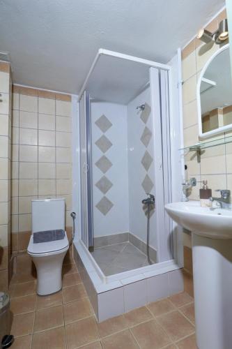 a bathroom with a shower and a toilet and a sink at Faros Coastal Apartments in Skopelos Town