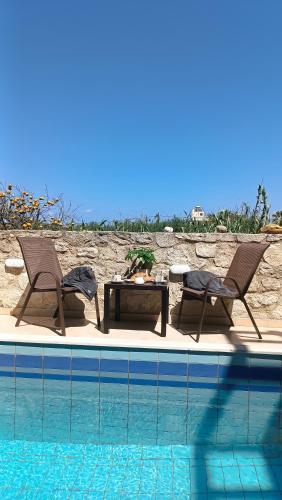 two chairs and a table next to a swimming pool at Relax Private Pool House in Maleme